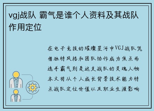 vgj战队 霸气是谁个人资料及其战队作用定位