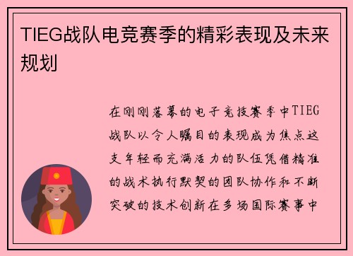 TIEG战队电竞赛季的精彩表现及未来规划
