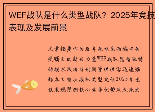 WEF战队是什么类型战队？2025年竞技表现及发展前景